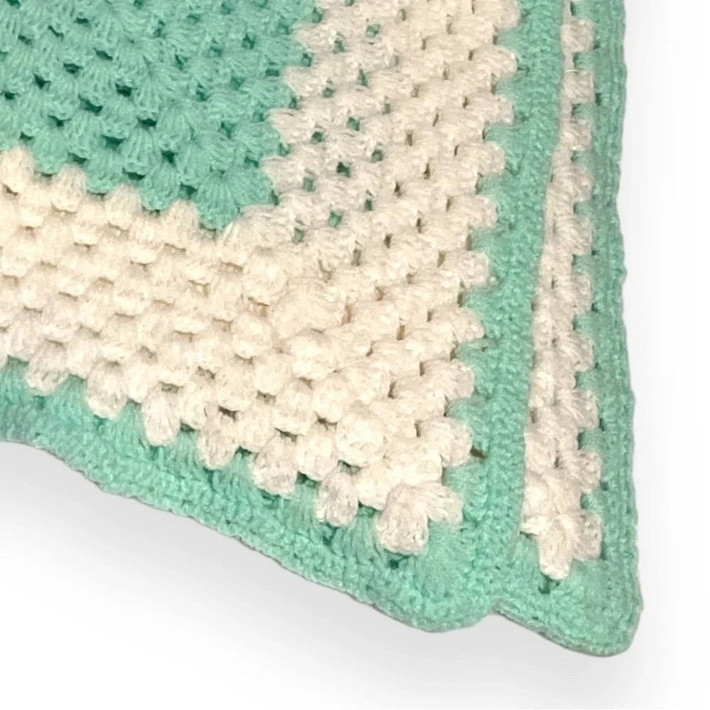 Handmade Crocheted Baby Blanket 40x40 Mint‎ Green White Cream Afghan